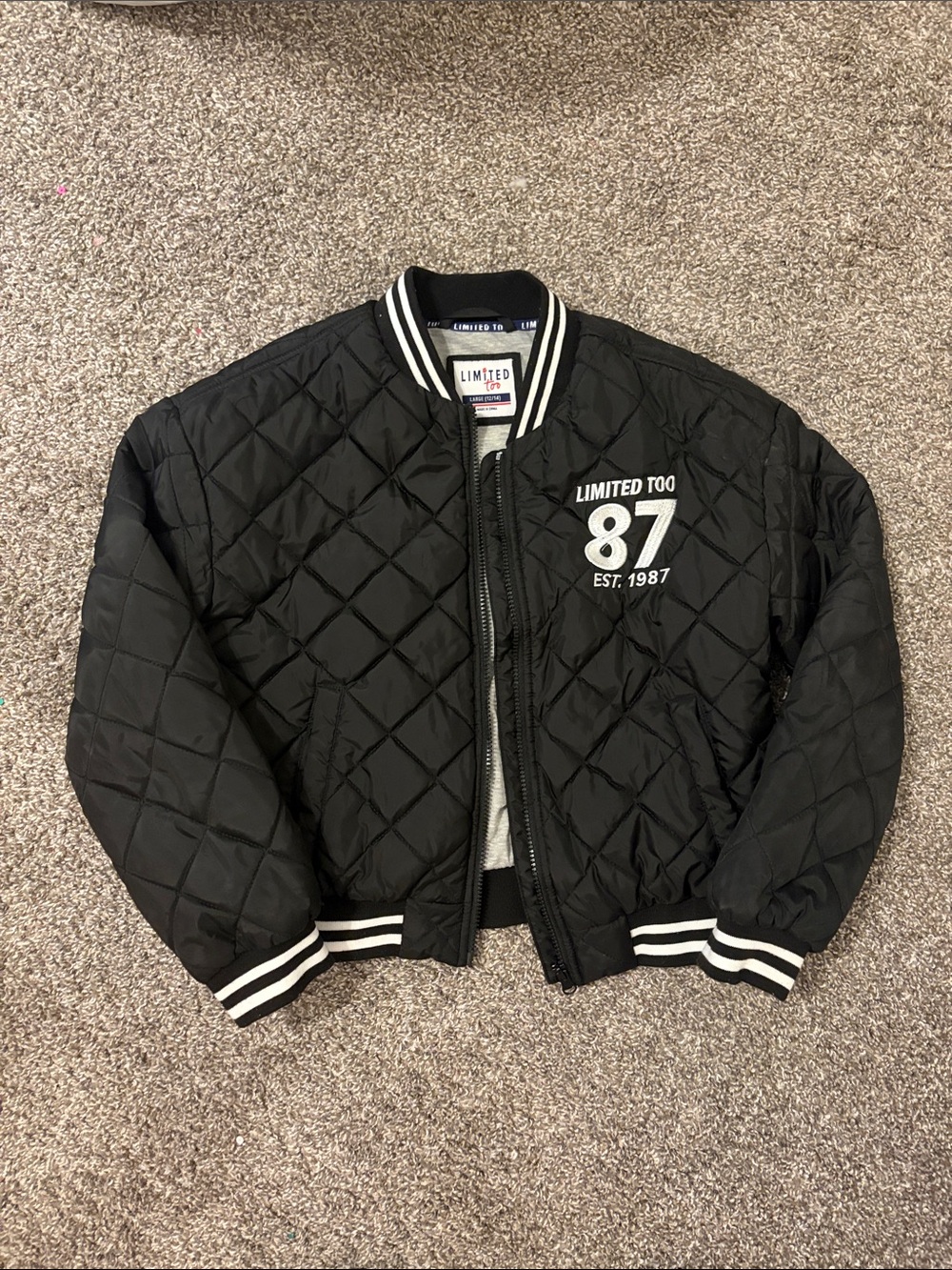 Limited Too Black Quilted Bomber Jacket with 87 Patch